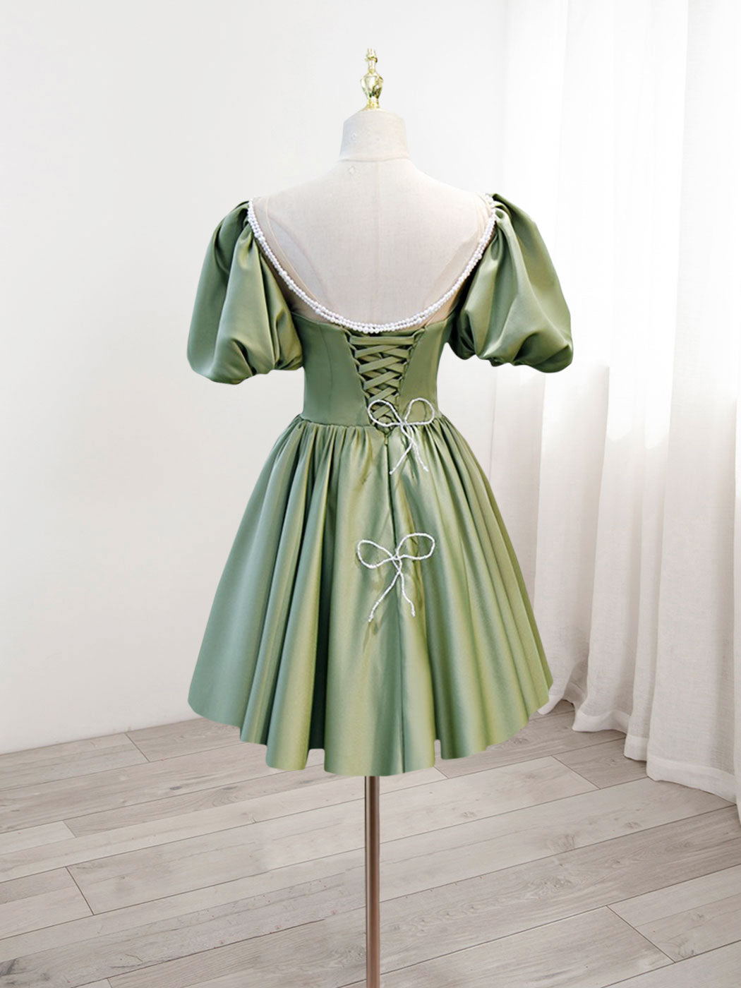 white christmas dresses Sage Green Satin Short Homecoming Dress 8th Grade Dance Dress with Bubble Sleeves white christmas dresses Sage Green Satin Short Homecoming Dress 8th Grade Dance Dress with Bubble Sleeves