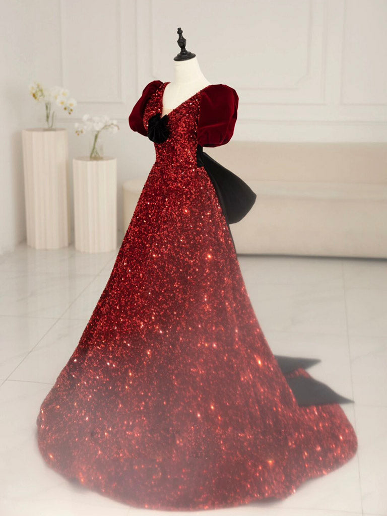 V-neck Burgundy Sequins A-line Prom Dress with Bubble Sleeves - DollyGown