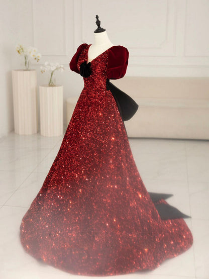 V-neck Burgundy Sequins A-line Prom Dress with Bubble Sleeves - DollyGown