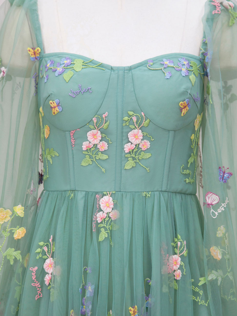 Boho Green Lace Corset Tea Length Prom Dress with Long Sleeves Boho Green Lace Corset Tea Length Prom Dress with Long Sleeves
