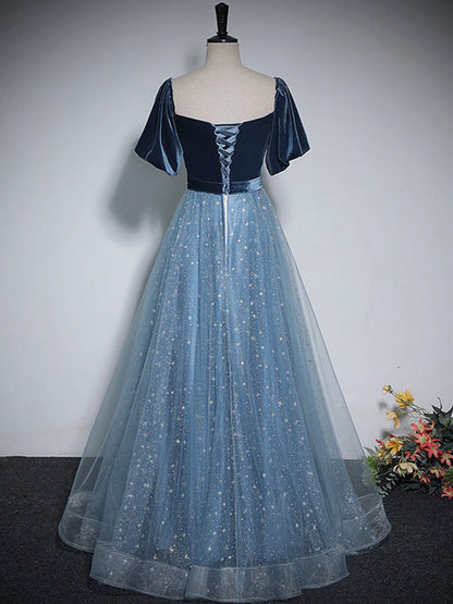 Romantic Blue Square Neck A-line Long Prom Dress - DollyGown