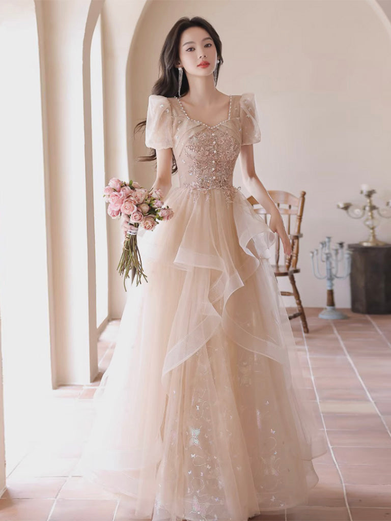 Princess Light Champagne Ruffle Skirt Prom Dress - DollyGown