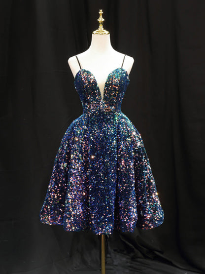 Sparkly Spaghetti Strap A-line Short Sequin Blue Homecoming Dress - DollyGown