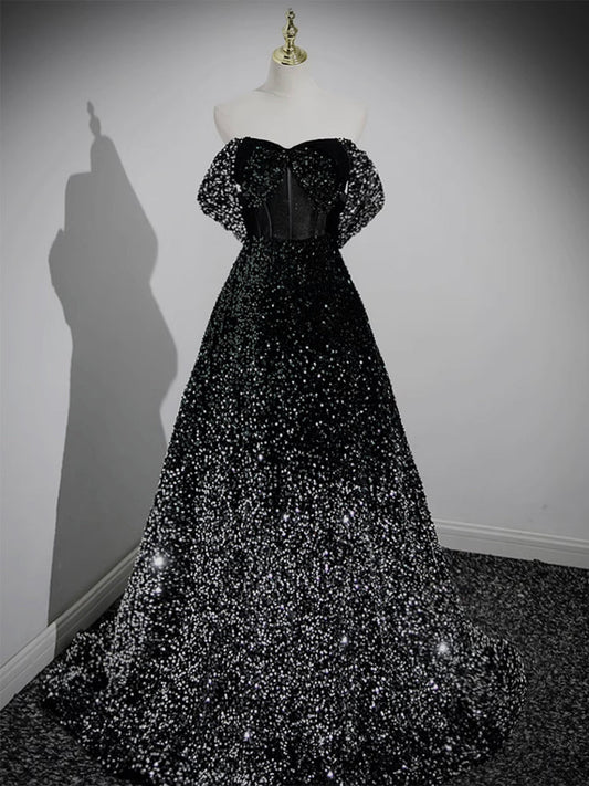 Black Sequins Off The Shoulder A-line Prom Dress - DollyGown