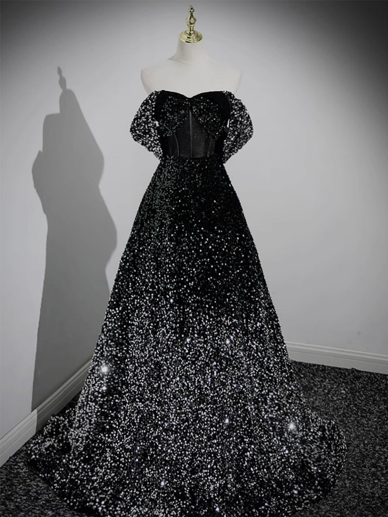 Black Sequins Off The Shoulder A-line Prom Dress - DollyGown