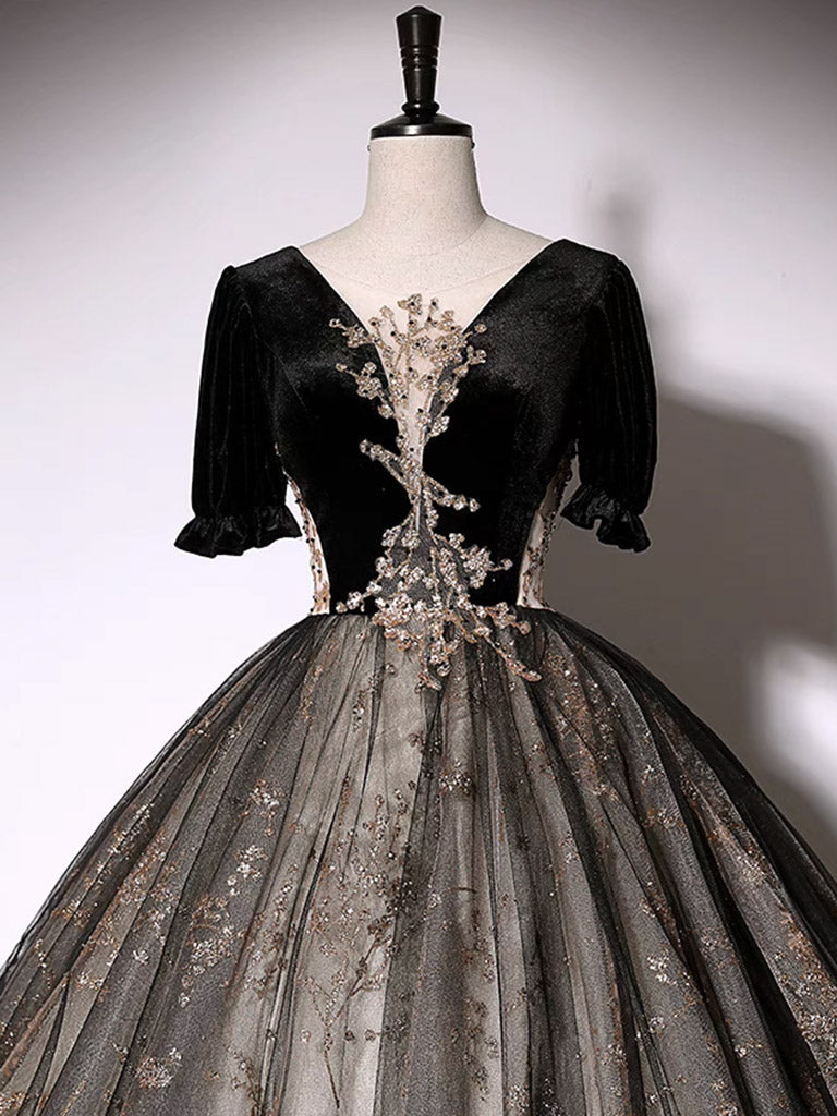 Black Half Sleeved Masquerade Ball Gown Quinceanera Dress Prom Dress - DollyGown