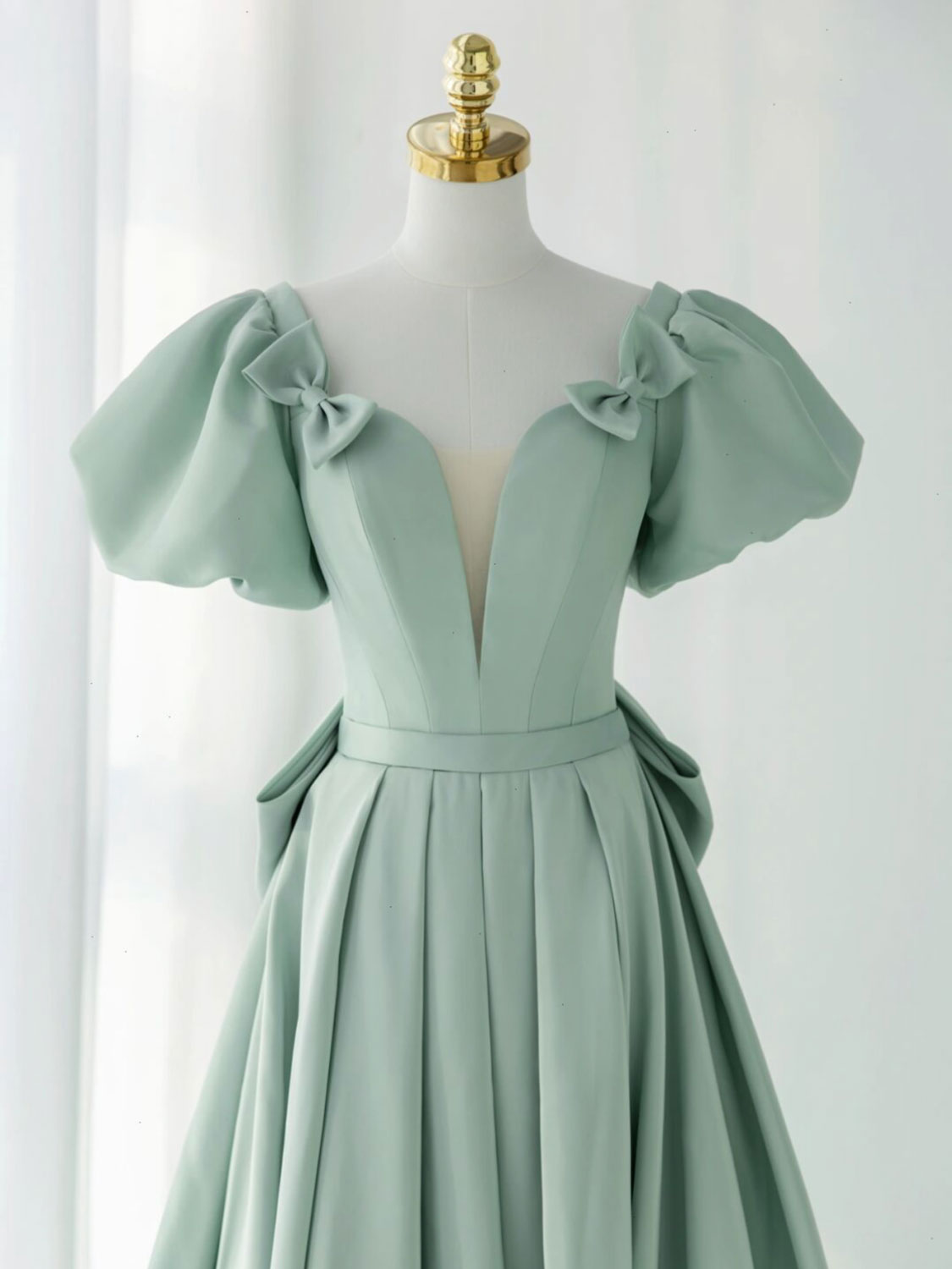 Mint Green A-line Long Formal Dress with Bubble Sleeves - DollyGown