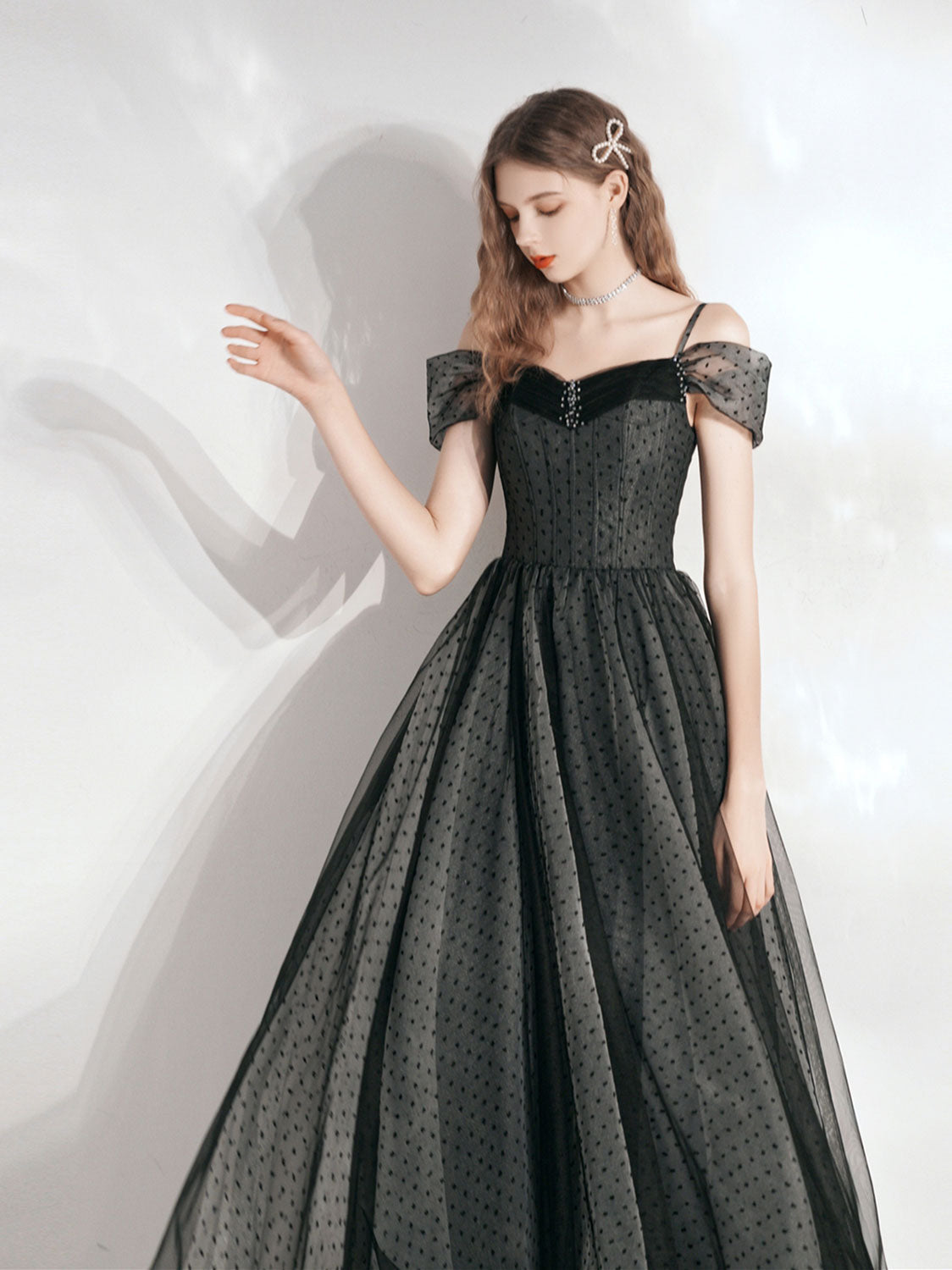 Black Vintage Long Polka Dot Prom Dress Formal Dress - DollyGown