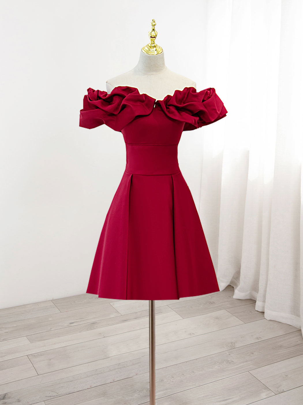 Cute Off The Shoulder Burgundy Short Homecoming Dress Formal Dress - DollyGown