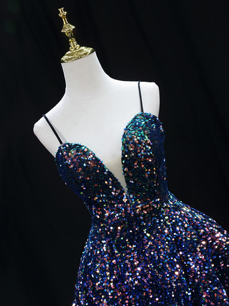 Sparkly Spaghetti Strap A-line Short Sequin Blue Homecoming Dress - DollyGown