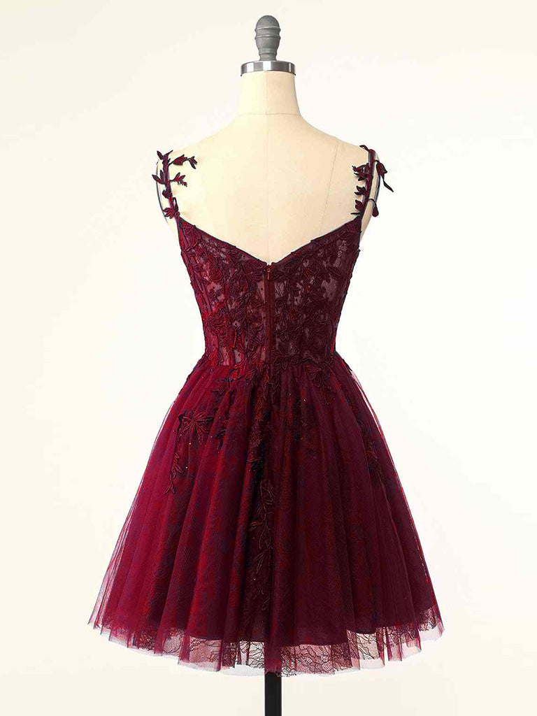 Spaghetti Strap Lace Sheer Top Burgundy Short Prom Dress Homecoming Dress - DollyGown