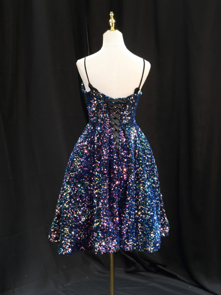 Sparkly Spaghetti Strap A-line Short Sequin Blue Homecoming Dress - DollyGown