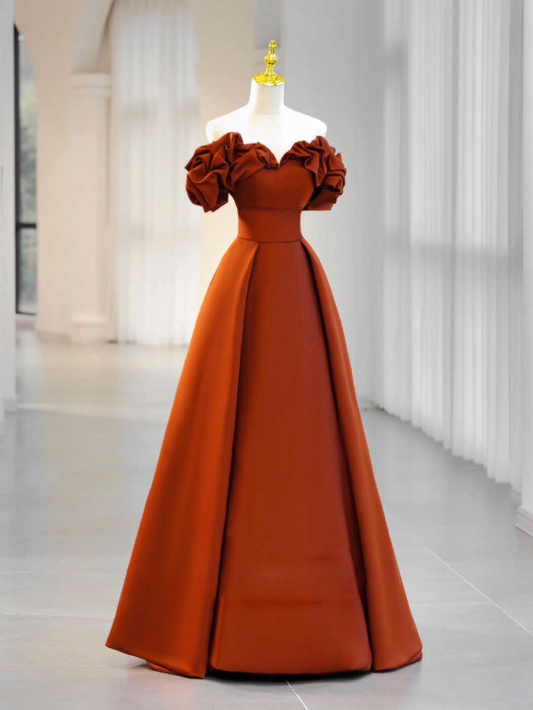 Off The Shoulder Satin Orange Simple Prom Dress - DollyGown
