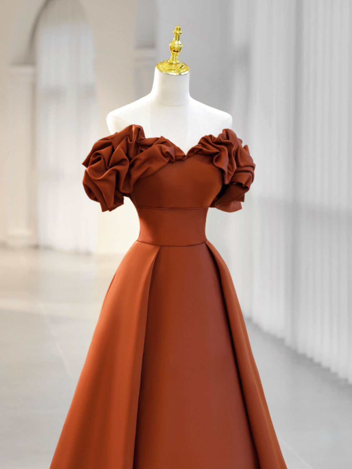 Off The Shoulder Satin Orange Simple Prom Dress - DollyGown