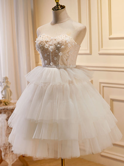 Cute White Strapless Sheer Teried Tulle Party Dress Homecoming Dress - DollyGown