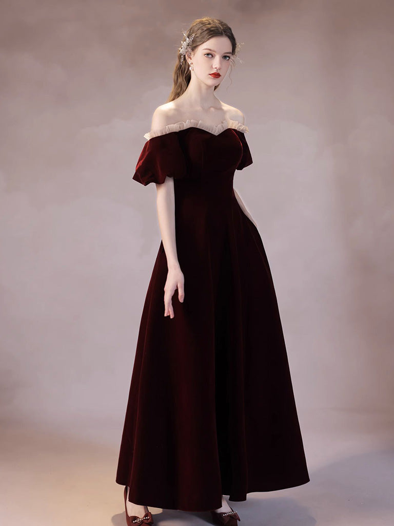 Classic Off The Shoulder Velvet Ankle Length Prom Dress - DollyGown