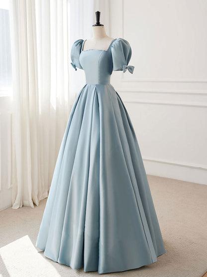 Dusty Blue Square Neck A-line Classic Formal Dress with Short Puffy Sleeves - DollyGown