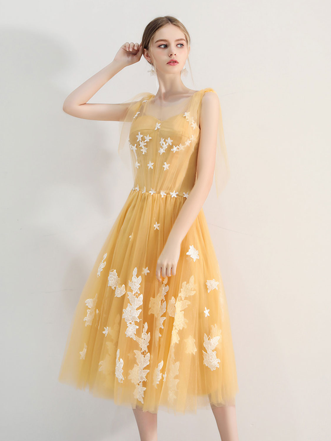 Illusion Yellow Calf Length Fairytale Homecoming Dress Prom Dress - DollyGown