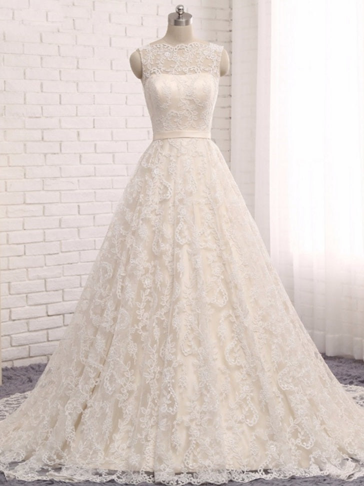 A-line Bateau Neck Lace Wedding Dress - DollyGown