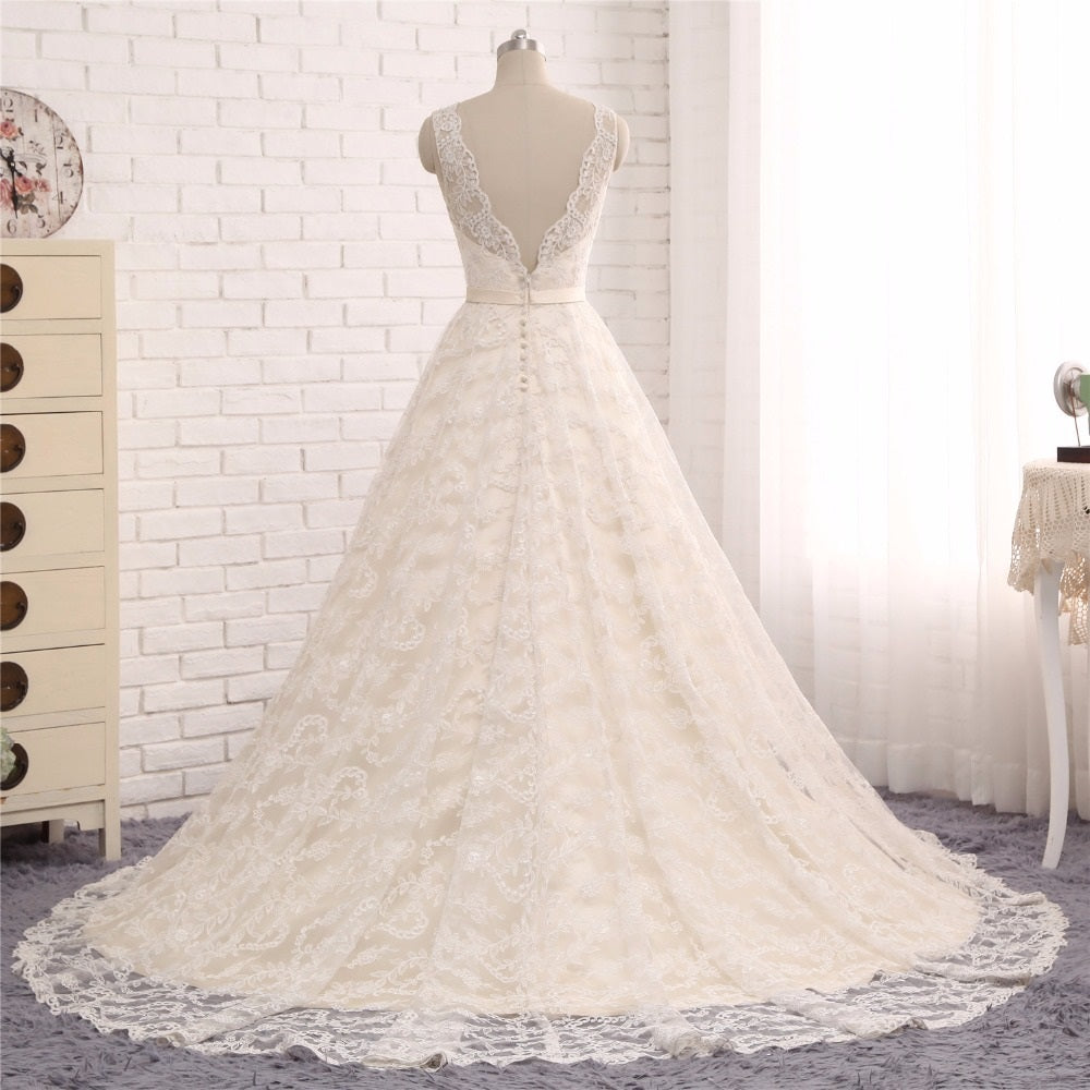 A-line Bateau Neck Lace Wedding Dress - DollyGown