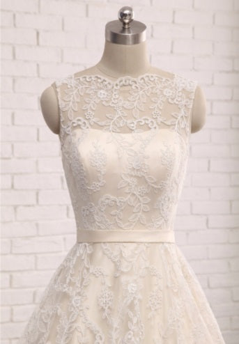 A-line Bateau Neck Lace Wedding Dress - DollyGown