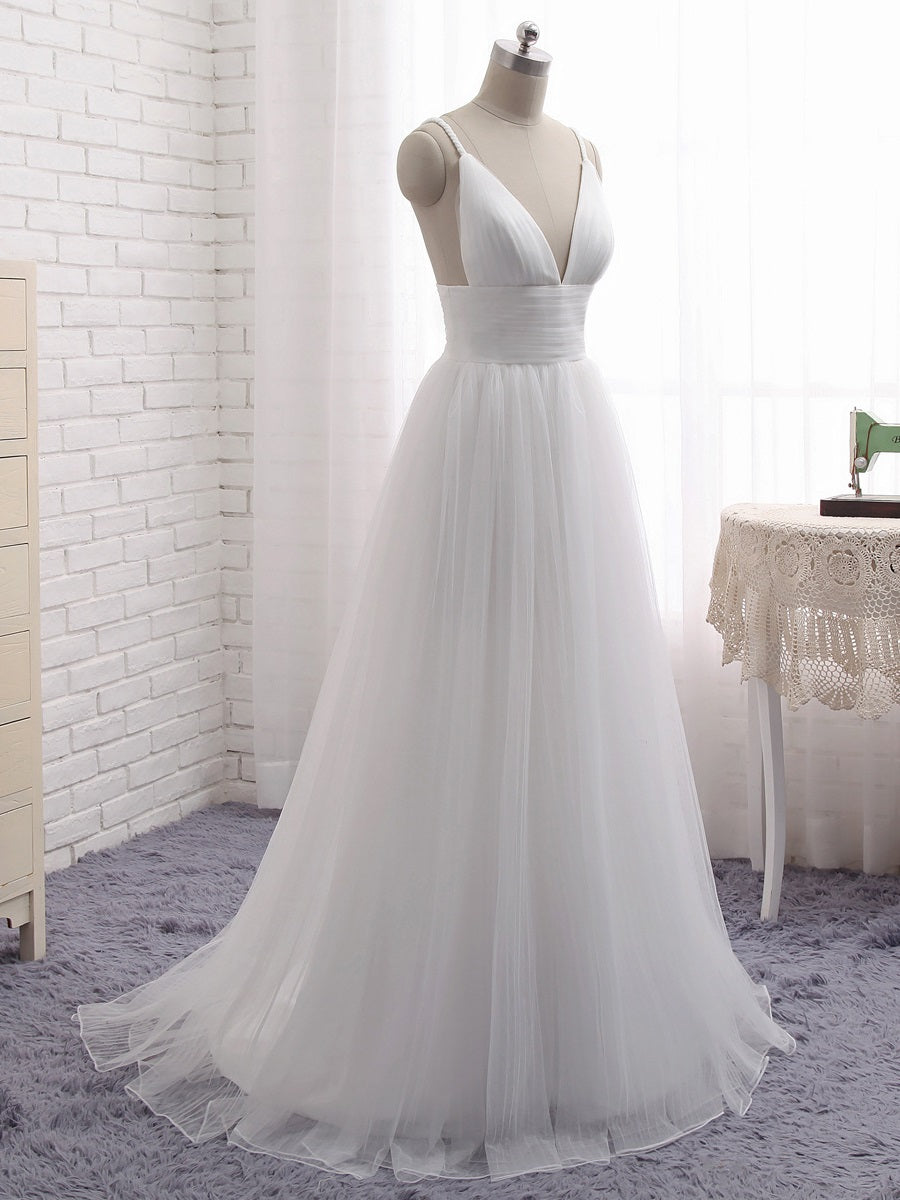 A-line Flowy Romantic Tulle Boho Beach Wedding Dress with Layered Tulle Skirt #21011216 - DollyGown
