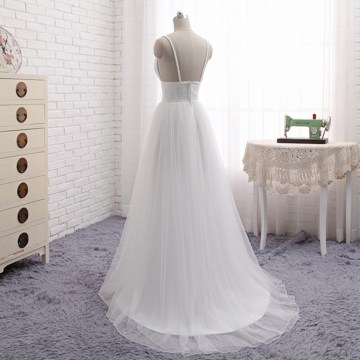 A-line Flowy Romantic Tulle Boho Beach Wedding Dress with Layered Tulle Skirt #21011216 - DollyGown