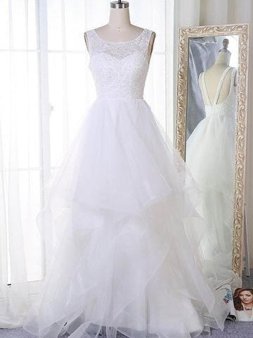 A-line Jewel Neck Organza Princess White Wedding Dress, Robe De Mariée,GDC1270 - DollyGown