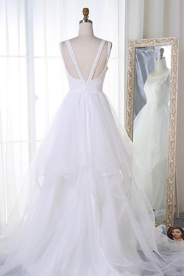 A-line Jewel Neck Organza Princess White Wedding Dress, Robe De Mariée,GDC1270 - DollyGown