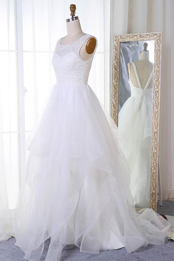 A-line Jewel Neck Organza Princess White Wedding Dress, Robe De Mariée,GDC1270 - DollyGown