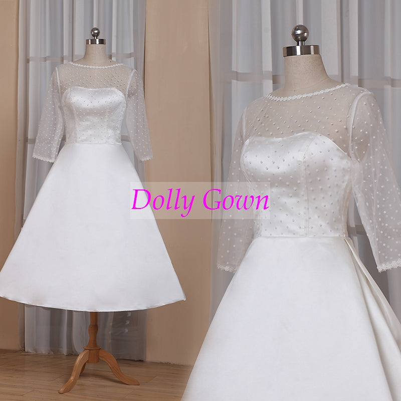 A-line Pinup Rockabilly Polka Dot Bateau Neck Tea Length 50s Wedding Dress with Sleeves,GDC1523 - DollyGown