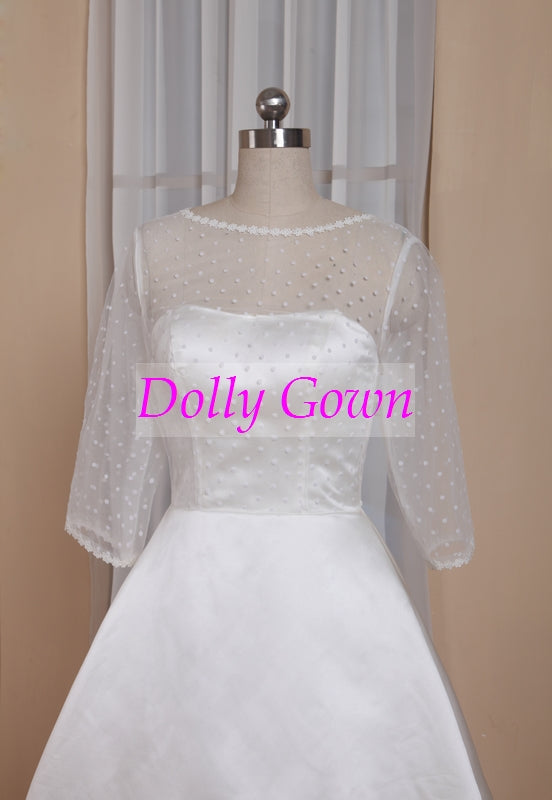 A-line Pinup Rockabilly Polka Dot Bateau Neck Tea Length 50s Wedding Dress with Sleeves,GDC1523 - DollyGown