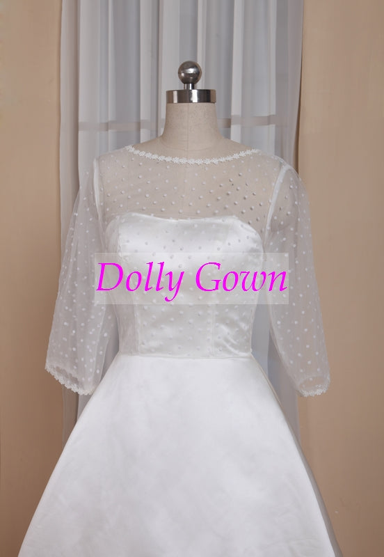 Bateau Polka Dots 50s Style Tea Length Wedding Dress with Red Waist Panel