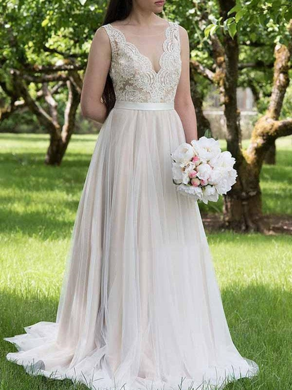 A-line V neck Lace Top Country Wedding Dress with Tulle Bottom, Vestido de novia ,GDC1331 - DollyGown
