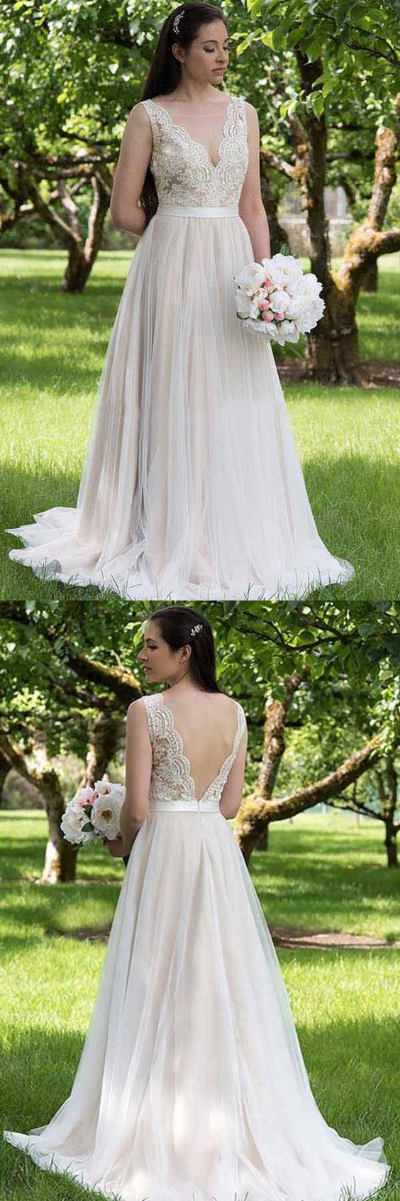 A-line V neck Lace Top Country Wedding Dress with Tulle Bottom, Vestido de novia ,GDC1331 - DollyGown