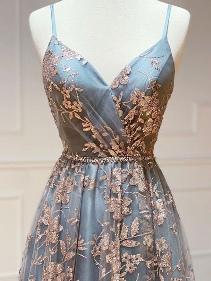 Dusty Blue A-line Spaghetti Strap Lace Prom Dress - DollyGown