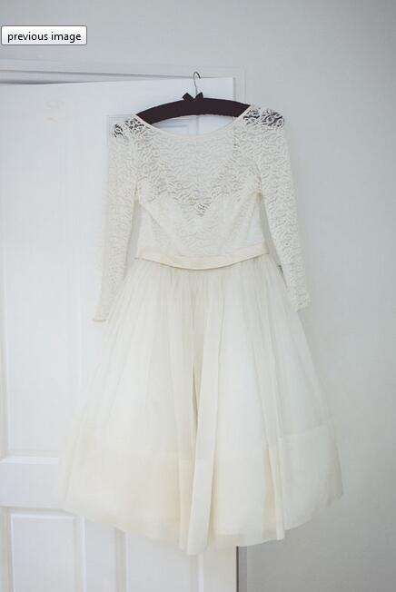 Affordable Country Style Lace Round Neck Tea Length Wedding Dress with 3/4 Sleeves,20110637 - DollyGown