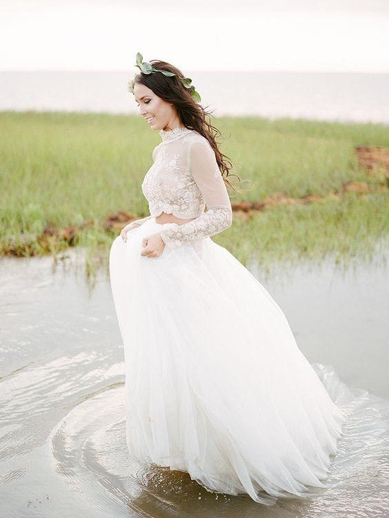 Affordable High Neck Lace Crop Top Long Sleeved Bridal Separates,20082342 - DollyGown