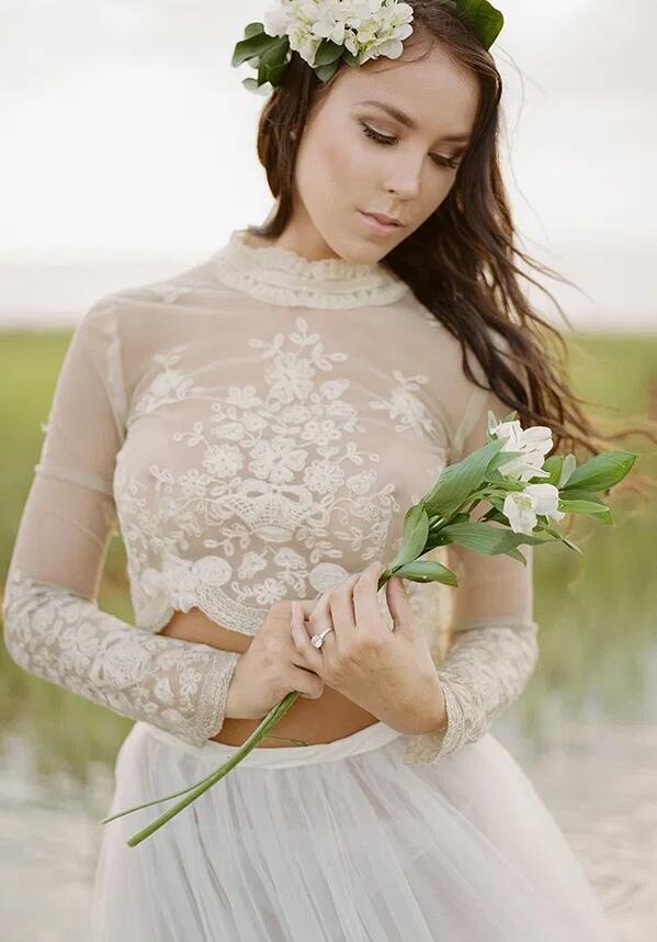 Affordable High Neck Lace Crop Top Long Sleeved Bridal Separates,20082342 - DollyGown