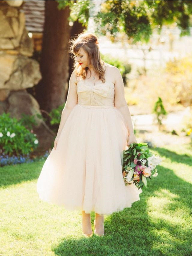Affordable Nude Strapless Tea Length Country Style Rustic 50s Wedding Dress - DollyGown