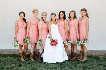 Amazing Rustic Country Coral Short Summer Chiffon Bridesmaid Dresses with Cowboy Boots,GDC1504 - DollyGown
