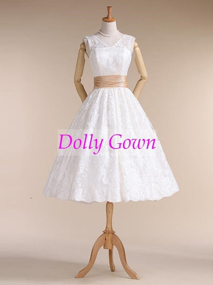 Audery Hepburn 50s Style V neck Tea Length Lace Wedding Dresses,20072809-Dolly Gown