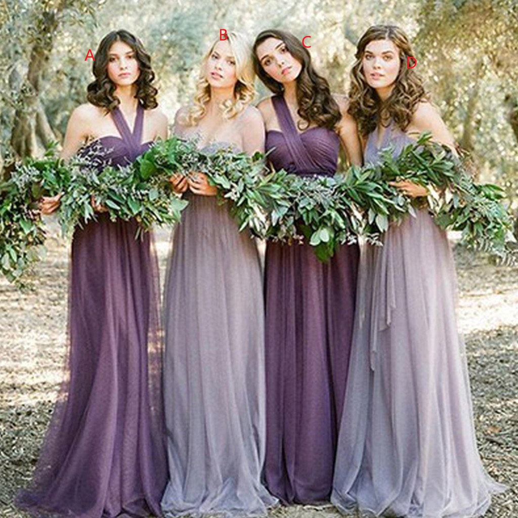 Awesome Long Mismatched Tulle Bohemian Purple Bridesmaid Dresses | Romantic Convertiable Bridesmaid Dresses