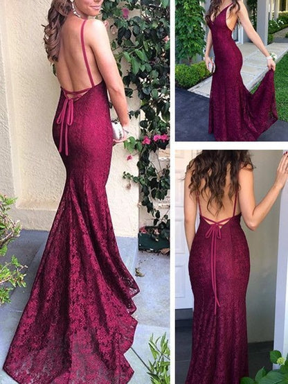 Newest Backless Sexy Lace Burgundy Mermaid Prom Dress Long Formal Dress,#7110610-Dolly Gown