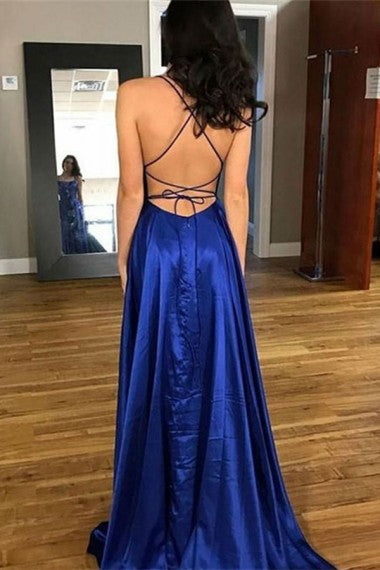 Backless Spaghetti Straps Flowy Prom Dress with Slits Simple