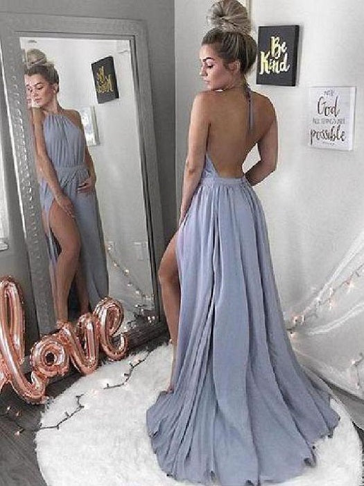 Backless Blue Halter Neck Long Prom Dress,Discount Simple Prom Gown,GDC1136-Dolly Gown