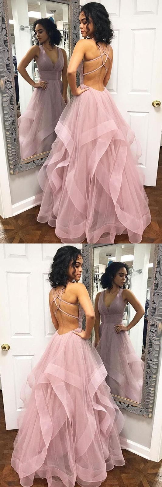 Backless Pale Pink Ball Gown Ruffle Tulle Bottom Prom Gown,Formal Long Dress,GDC1096-Dolly Gown