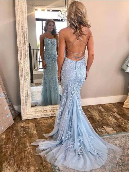 Backless Sky Blue Floral Lace Formal Prom Dress,Mermaid Evening Dress with Court Train,GDC1053-Dolly Gown
