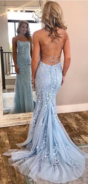 Backless Sky Blue Floral Lace Formal Prom Dress | Mermaid Evening Dress with Court Train Backless Sky Blue Floral Lace Formal Prom Dress | Mermaid Evening Dress with Court Train