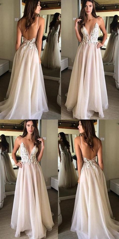 Backless Spaghetti Straps A-line Organza Flowy Prom Dress Long,GDC1346-Dolly Gown